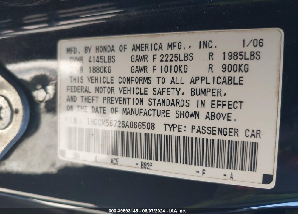 2006 HONDA ACCORD 2.4 EX VIN: 1HGCM56726A066508