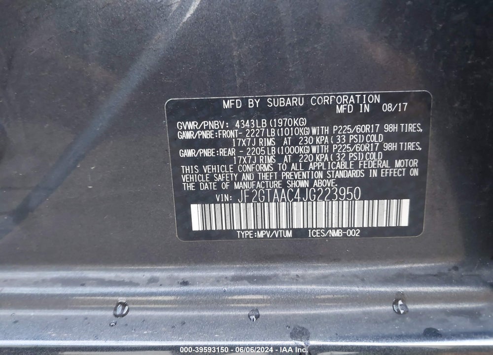 2018 SUBARU CROSSTREK 2.0I VIN: JF2GTAAC4JG223950