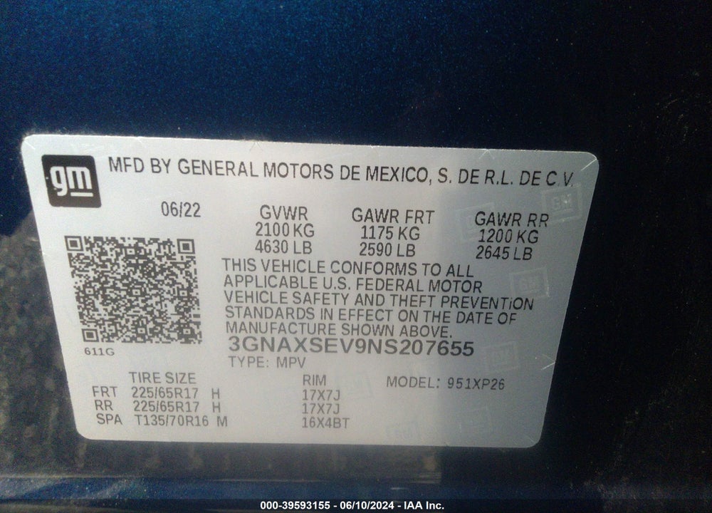 2022 CHEVROLET EQUINOX AWD LS VIN: 3GNAXSEV9NS207655