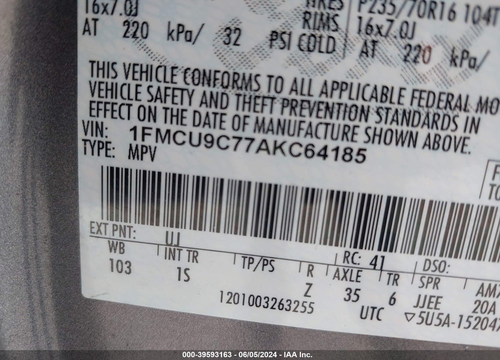 2010 FORD ESCAPE XLS VIN: 1FMCU9C77AKC64185