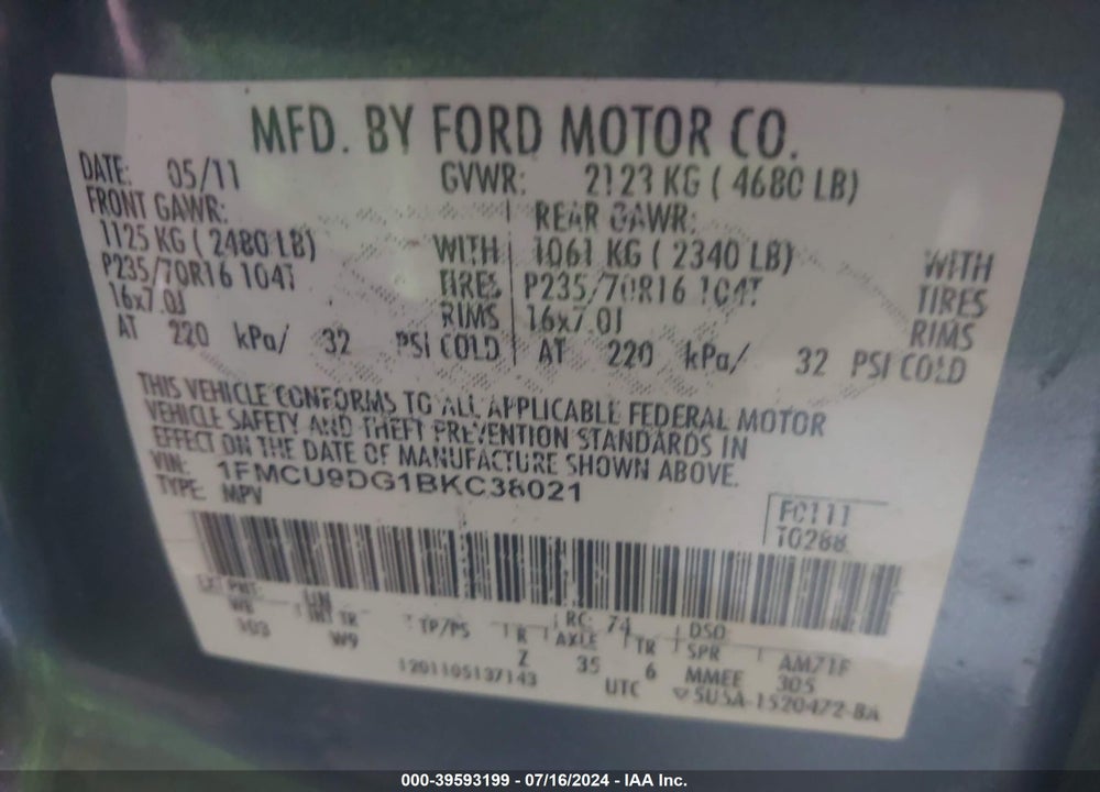 2011 FORD ESCAPE XLT VIN: 1FMCU9DG1BKC38021