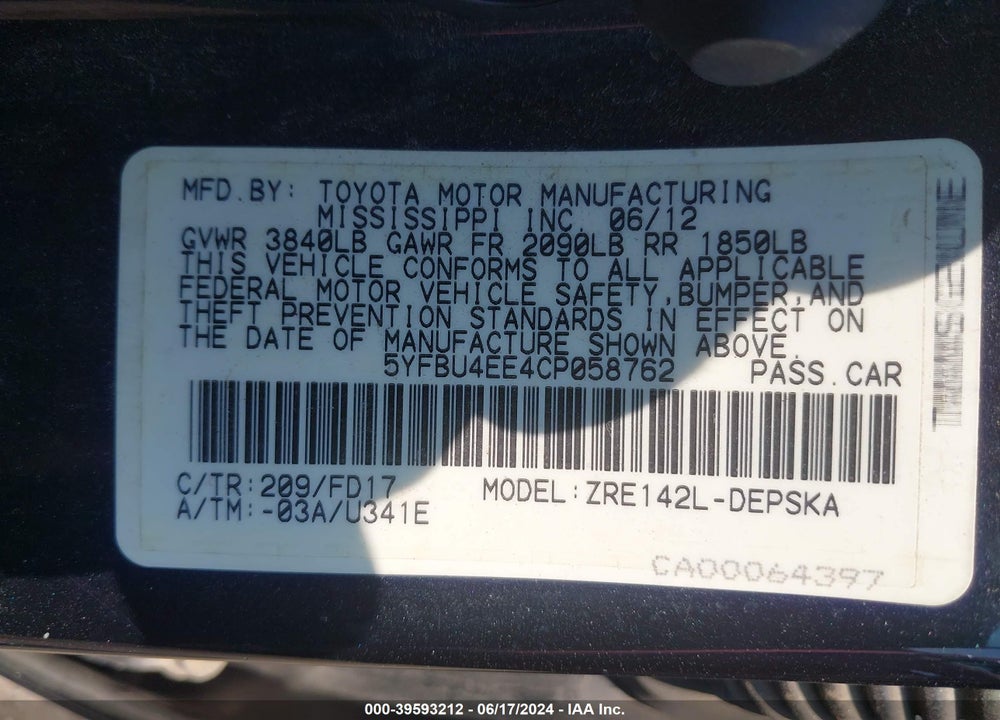 2012 TOYOTA COROLLA S VIN: 5YFBU4EE4CP058762