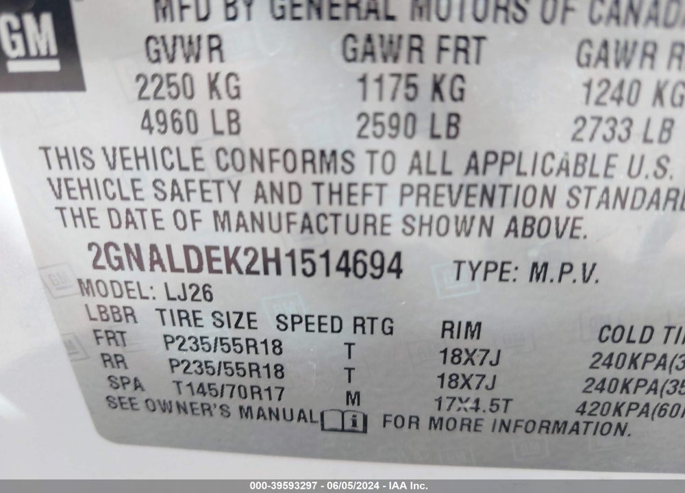 2017 CHEVROLET EQUINOX PREMIER VIN: 2GNALDEK2H1514694