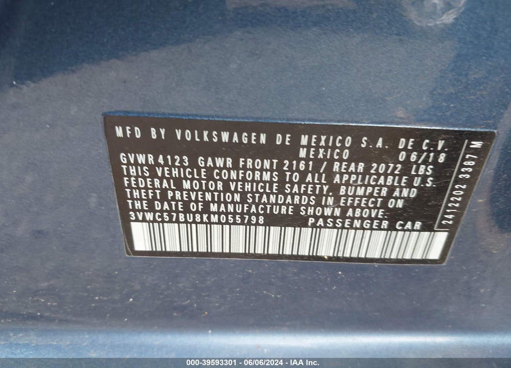 2019 VOLKSWAGEN JETTA VIN: 3VWC57BU8KM055798