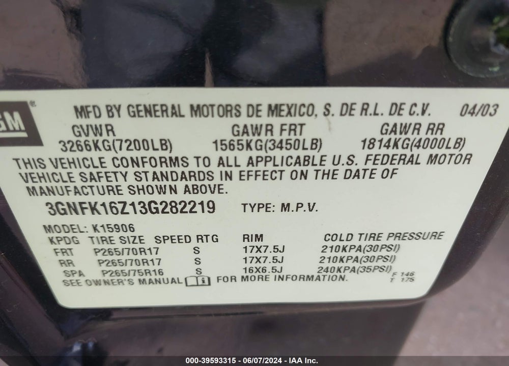 2003 CHEVROLET SUBURBAN 1500 Z71 VIN: 3GNFK16Z13G282219