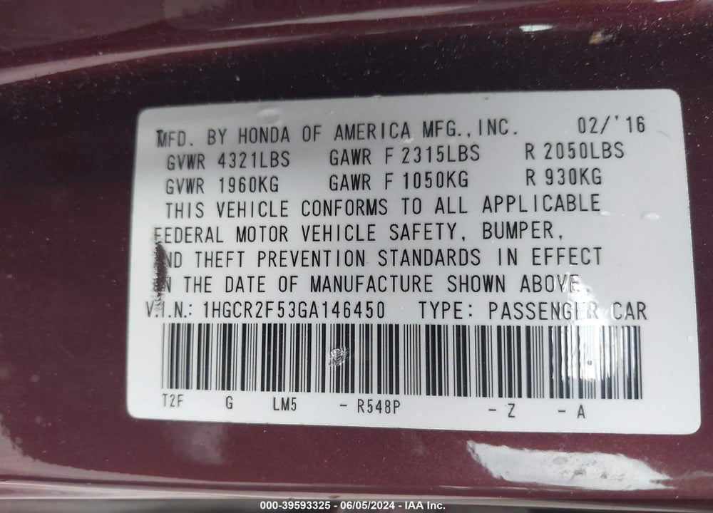 2016 HONDA ACCORD SPORT VIN: 1HGCR2F53GA146450