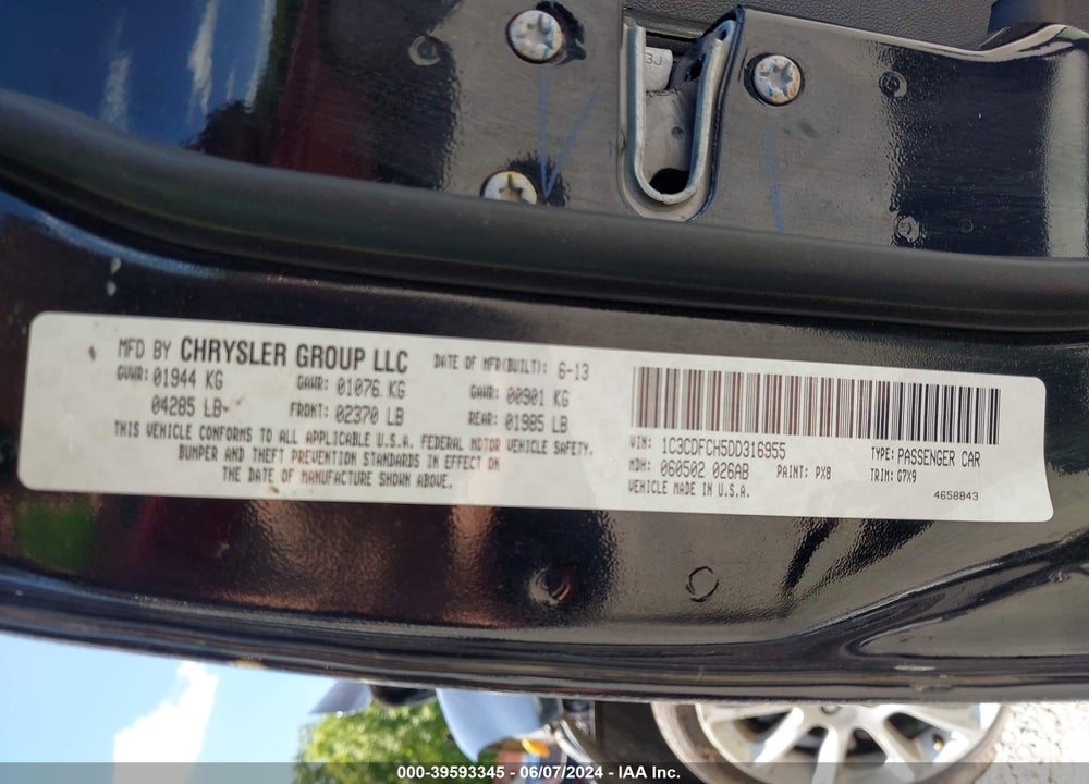 2013 DODGE DART LIMITED VIN: 1C3CDFCH5DD316955