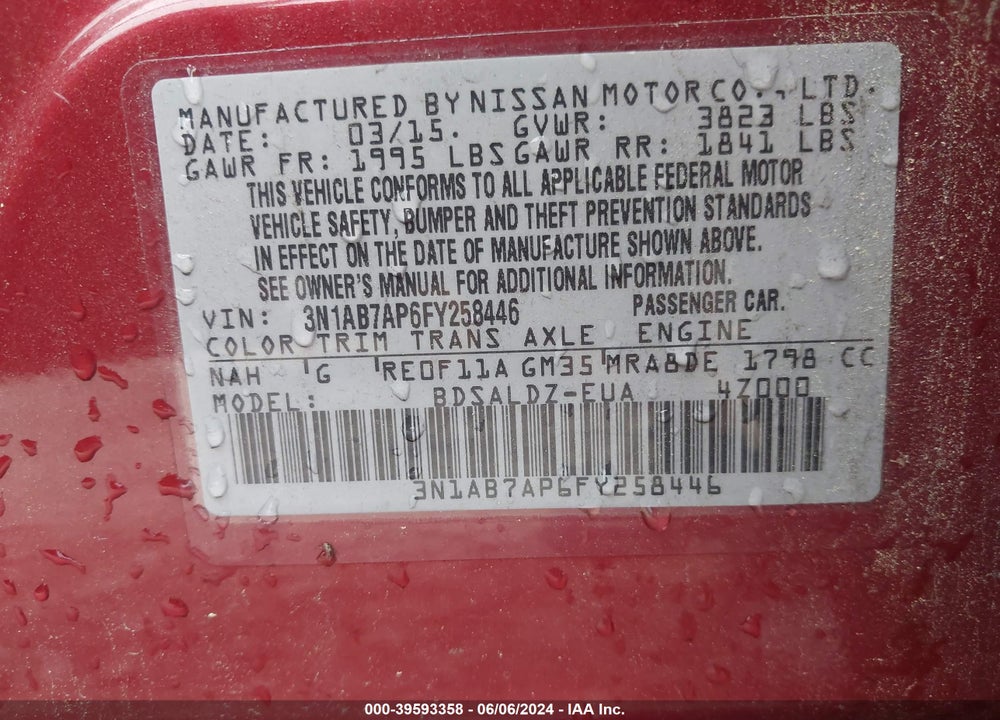 2015 NISSAN SENTRA FE+ S/S/SL/SR/SV VIN: 3N1AB7AP6FY258446
