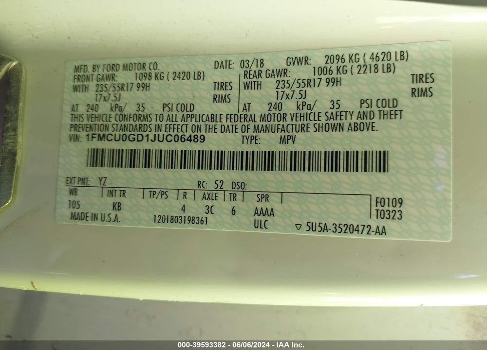 2018 FORD ESCAPE SE VIN: 1FMCU0GD1JUC06489