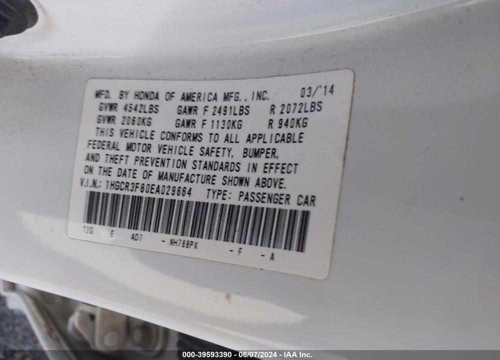 2014 HONDA ACCORD EX-L V-6 VIN: 1HGCR3F80EA029664