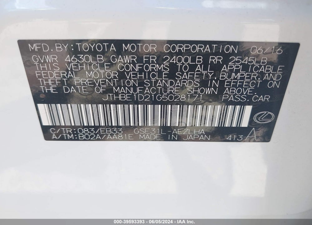 2016 LEXUS IS 350 VIN: JTHBE1D21G5028171