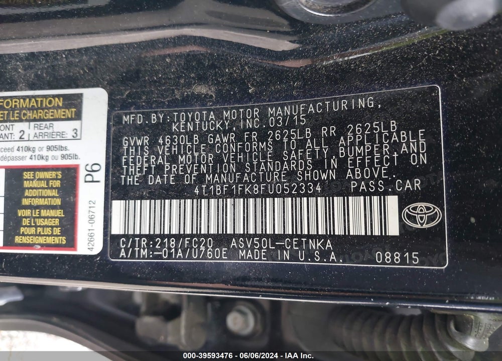 2015 TOYOTA CAMRY LE VIN: 4T1BF1FK8FU052334