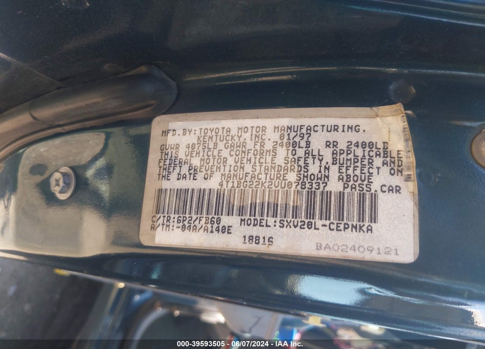 1997 TOYOTA CAMRY LE VIN: 4T1BG22K2VU078337