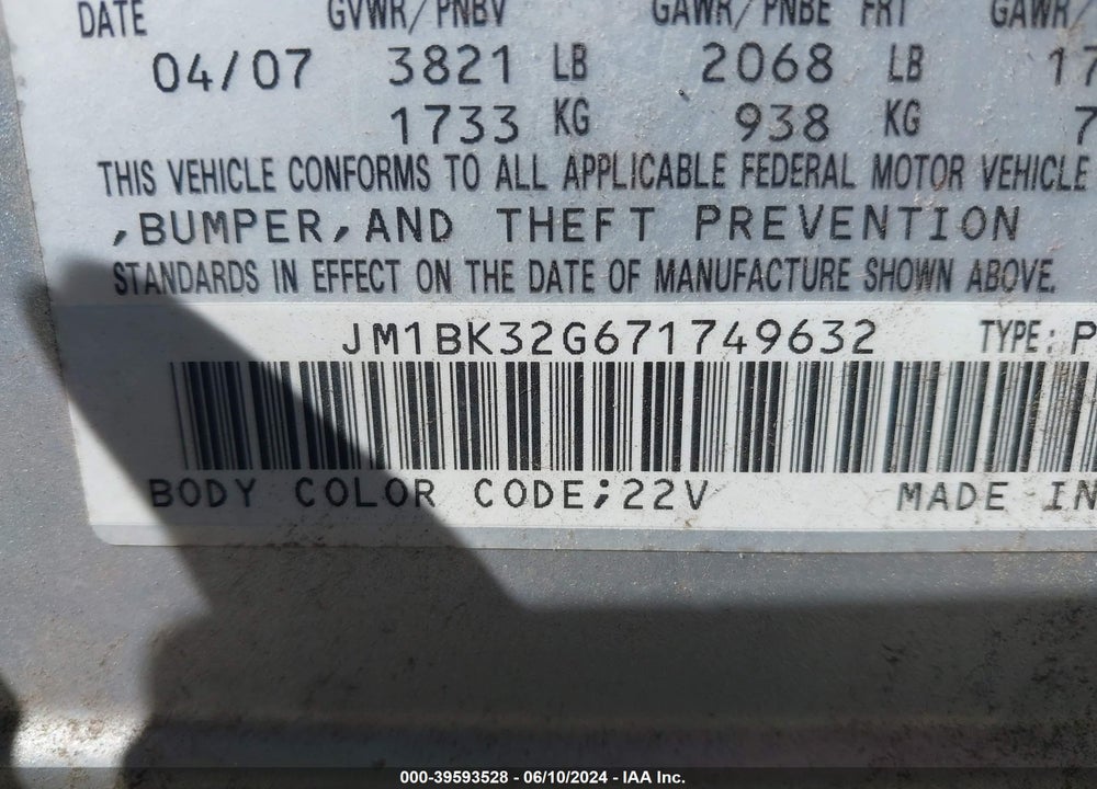 2007 MAZDA 3 I VIN: JM1BK32G671749632