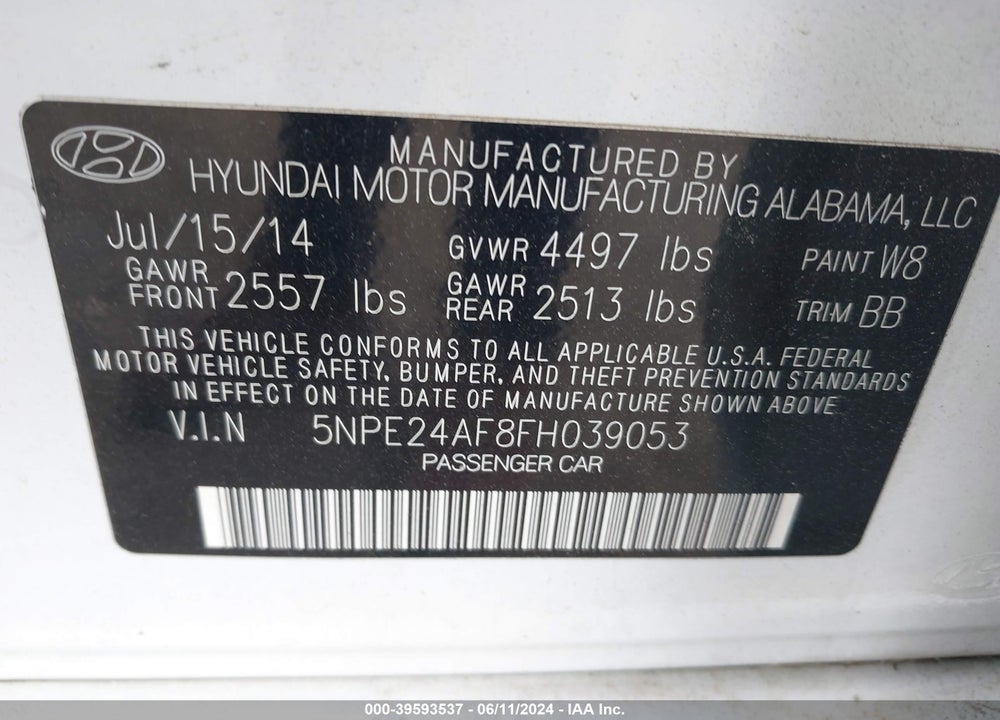 2015 HYUNDAI SONATA SE VIN: 5NPE24AF8FH039053