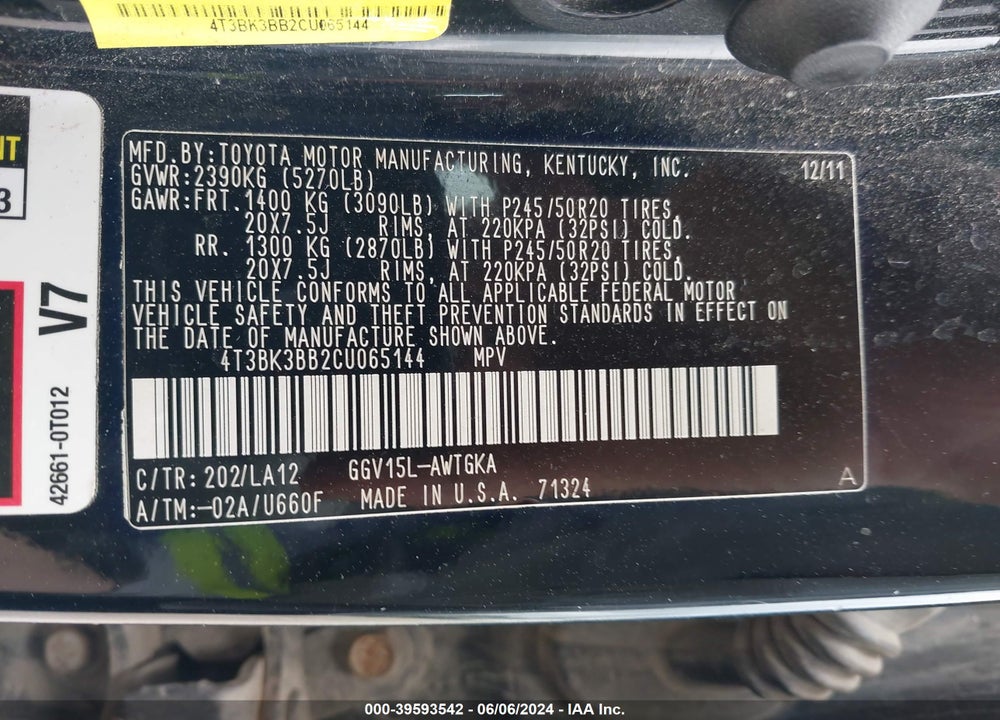2012 TOYOTA VENZA LIMITED V6 VIN: 4T3BK3BB2CU065144