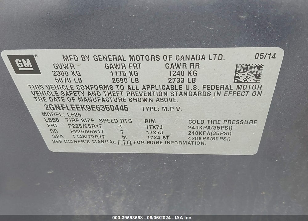2014 CHEVROLET EQUINOX VIN: 2GNFLEEK9E6360446
