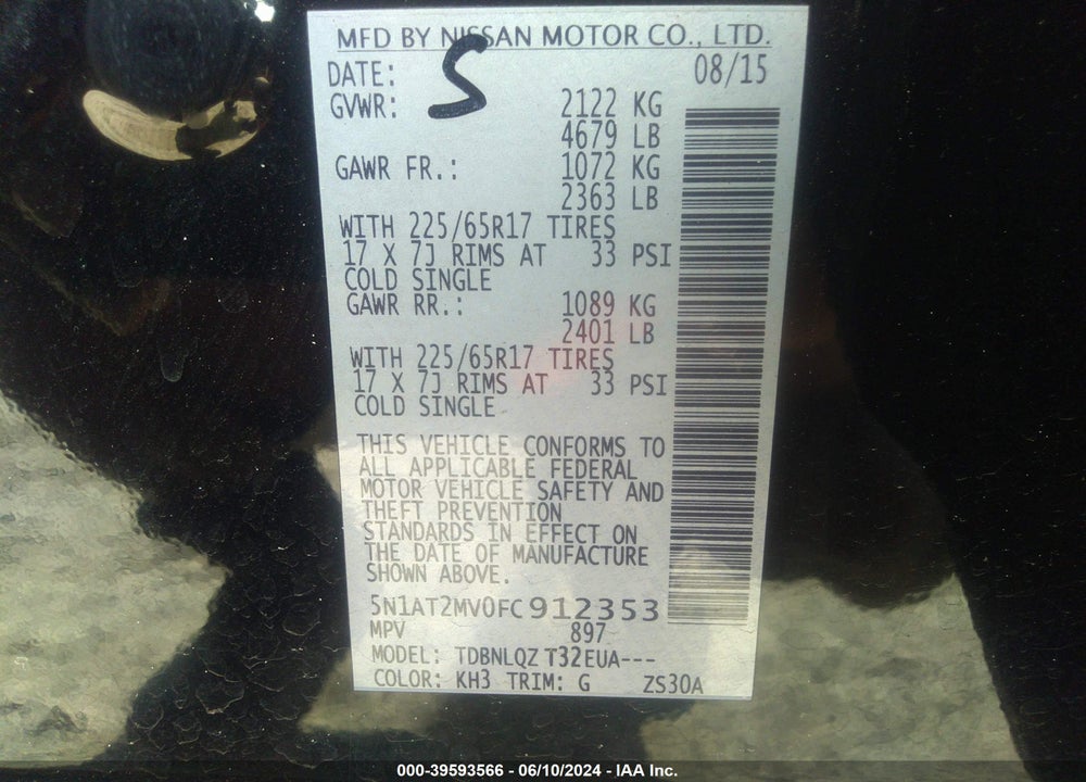 2015 NISSAN ROGUE SV VIN: 5N1AT2MV0FC912353