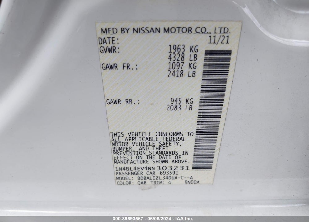 2022 NISSAN ALTIMA SL FWD VIN: 1N4BL4EV4NN303231