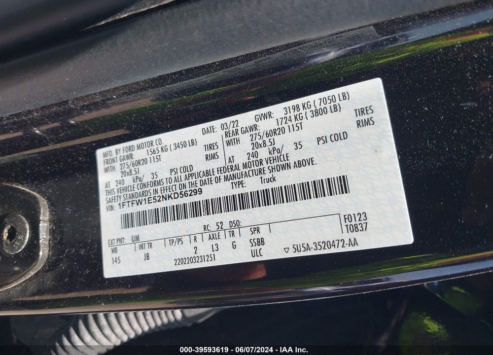 2022 FORD F-150 XL VIN: 1FTFW1E52NKD56299