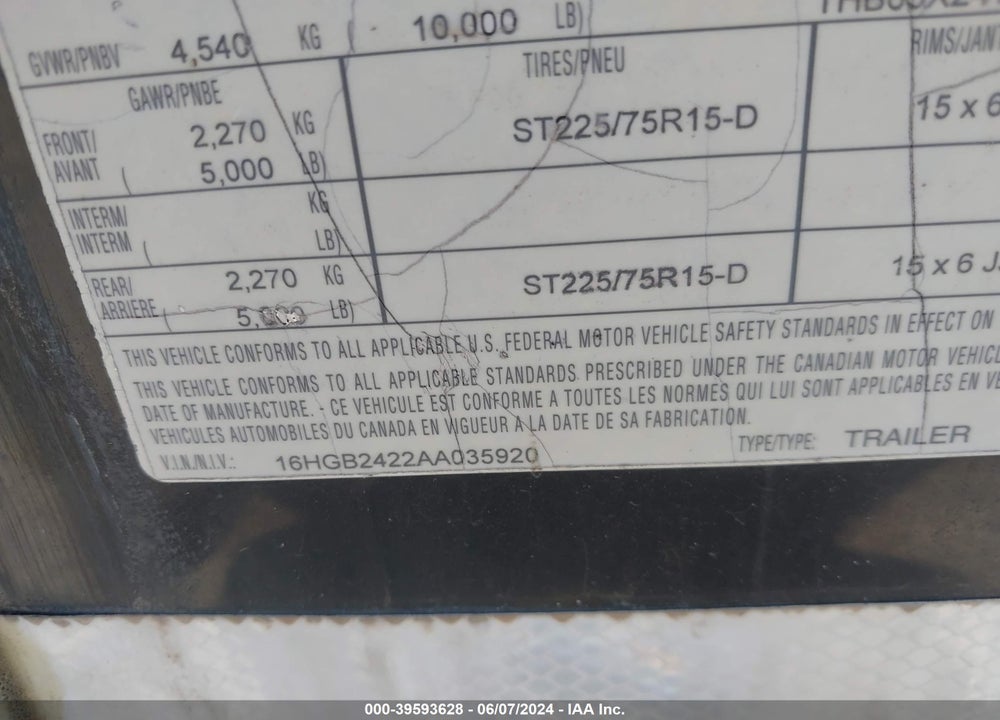 2010 HAUL MARK IND TRAILER VIN: 16HGB2422AA035920
