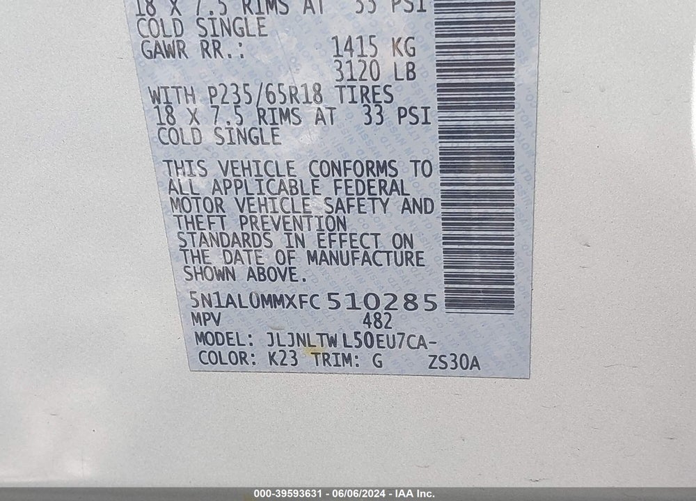 2015 INFINITI QX60 VIN: 5N1AL0MMXFC510285
