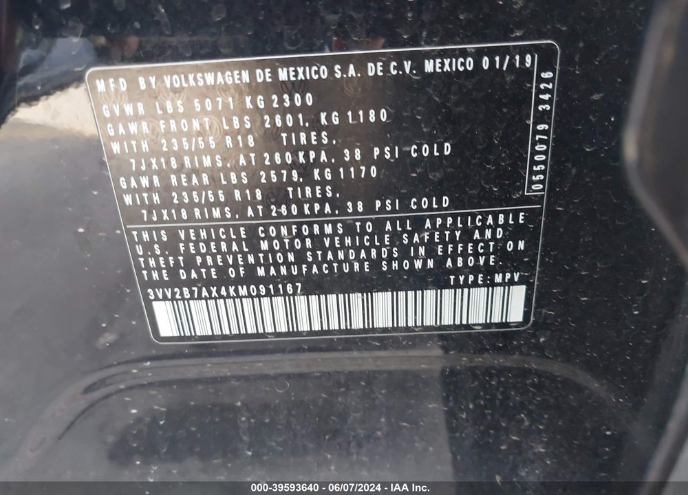 2019 VOLKSWAGEN TIGUAN 2.0T SE/2.0T SEL/2.0T SEL R-LINE/2.0T SEL R-LINE BLACK VIN: 3VV2B7AX4KM091167