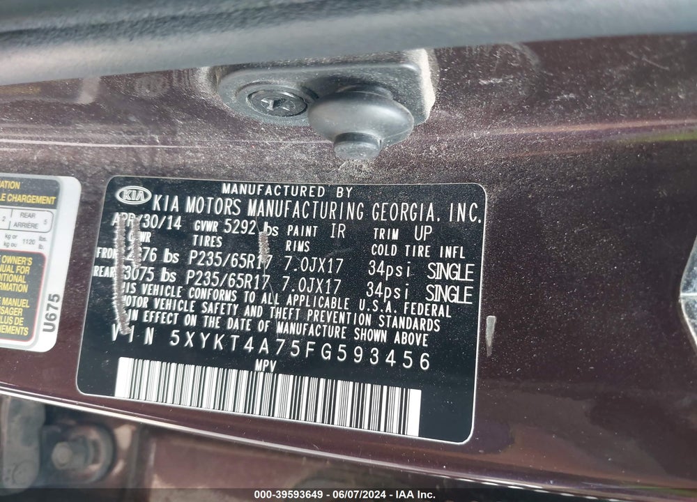2015 KIA SORENTO LX V6 VIN: 5XYKT4A75FG593456