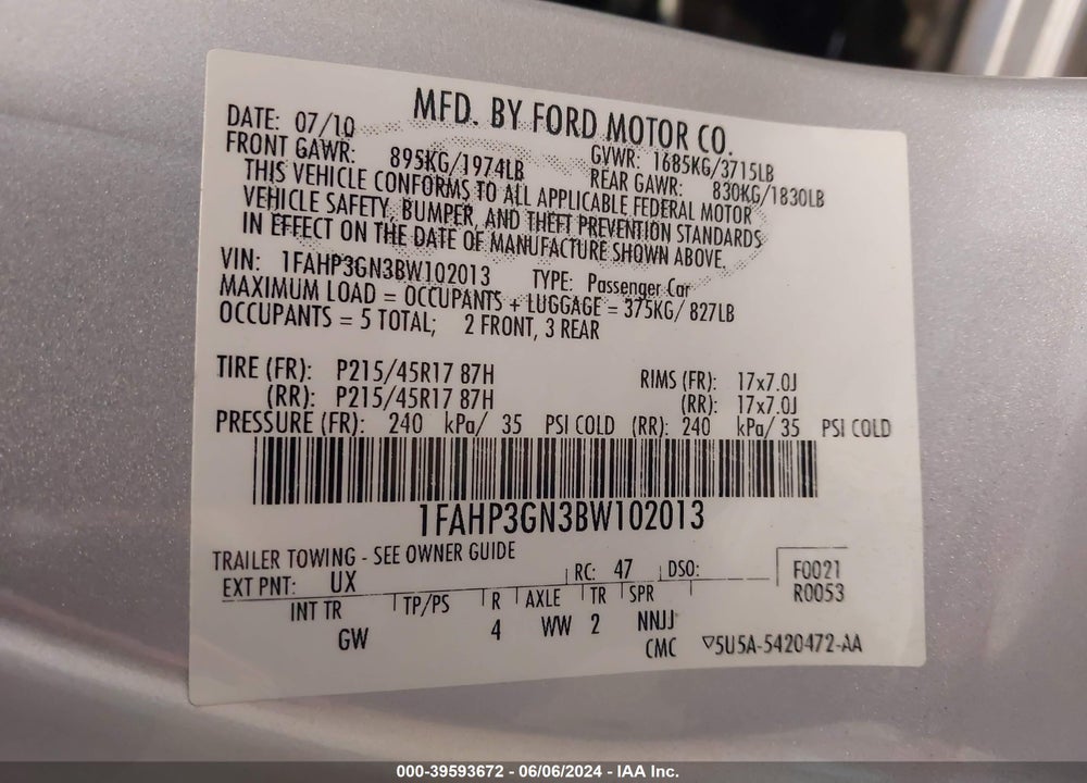2011 FORD FOCUS SES VIN: 1FAHP3GN3BW102013