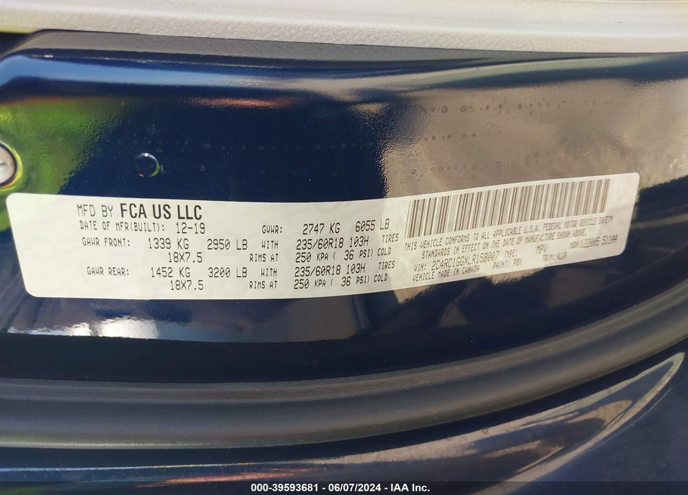 2020 CHRYSLER PACIFICA LIMITED VIN: 2C4RC1GGXLR158007
