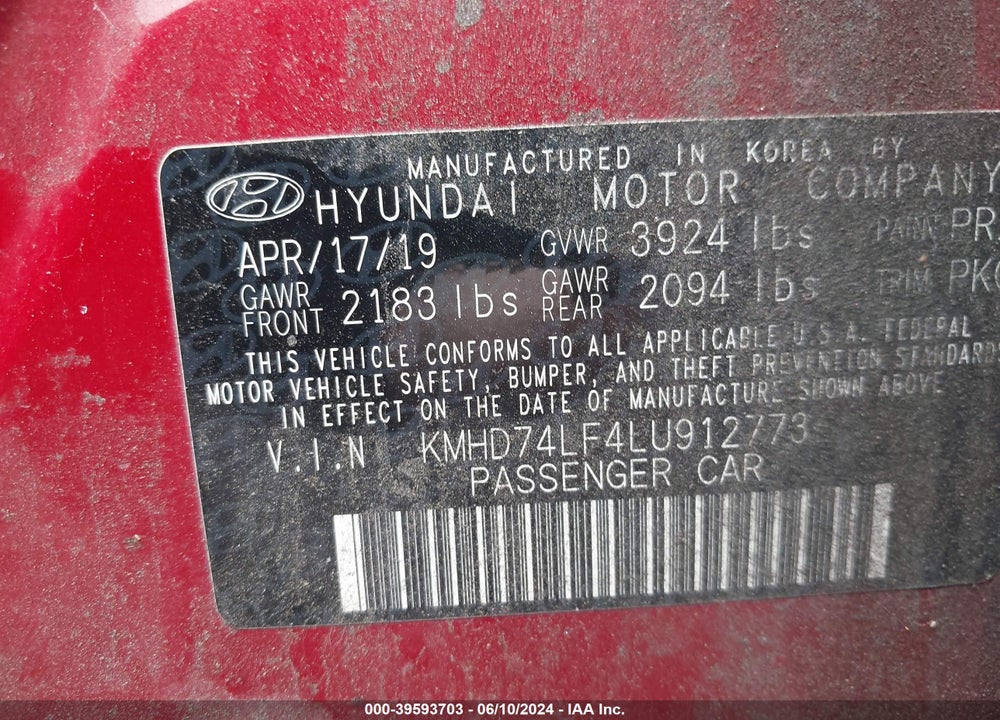 2020 HYUNDAI ELANTRA SE VIN: KMHD74LF4LU912773