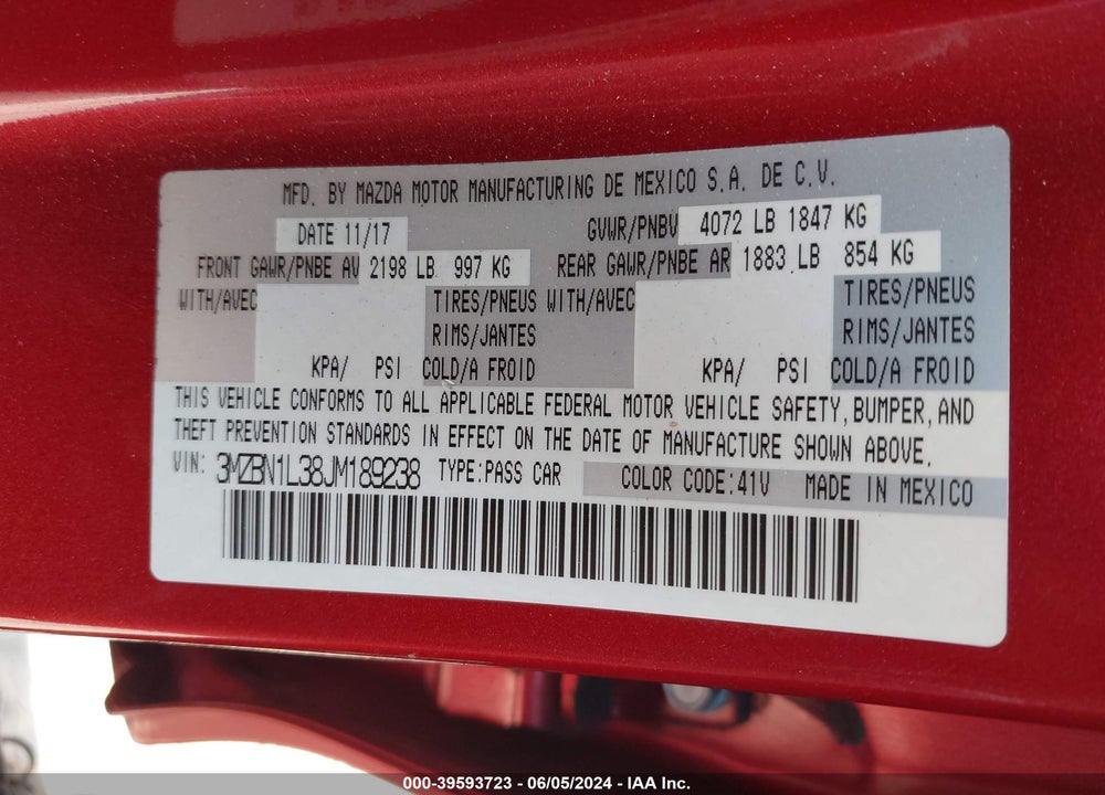 2018 MAZDA 3 TOURING VIN: 3MZBN1L38JM189238