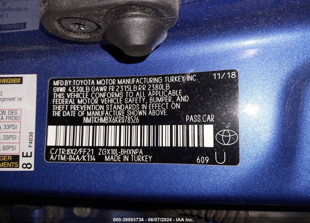 2019 TOYOTA C-HR XLE VIN: NMTKHMBX6KR078526