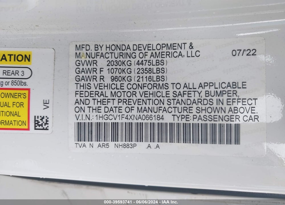 2022 HONDA ACCORD SPORT SPECIAL EDITION VIN: 1HGCV1F4XNA066184