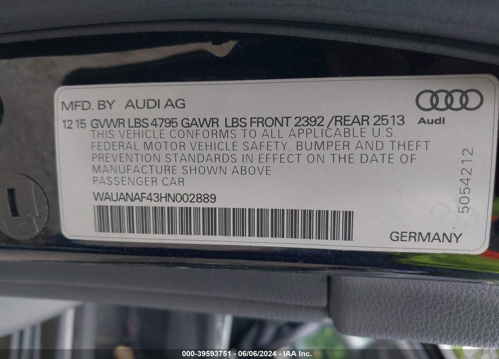 2017 AUDI A4 2.0T PREMIUM VIN: WAUANAF43HN002889