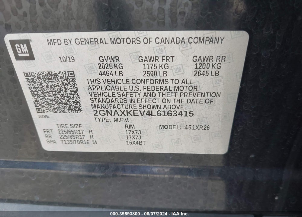 2020 CHEVROLET EQUINOX FWD LT 1.5L TURBO VIN: 2GNAXKEV4L6163415