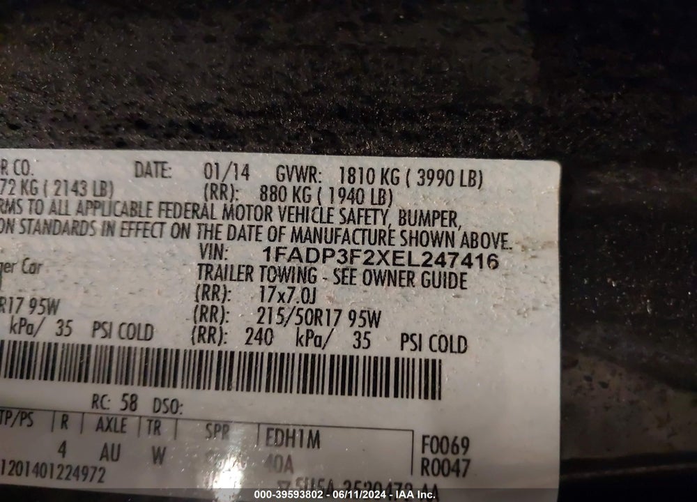 2014 FORD FOCUS SE VIN: 1FADP3F2XEL247416