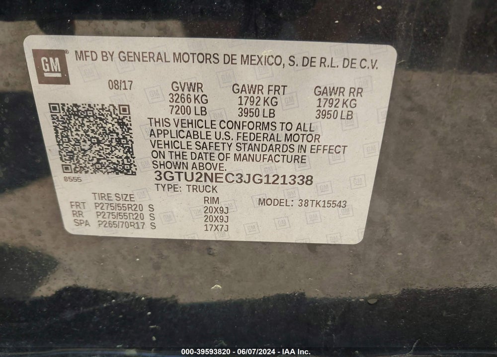 2018 GMC SIERRA 1500 SLT VIN: 3GTU2NEC3JG121338