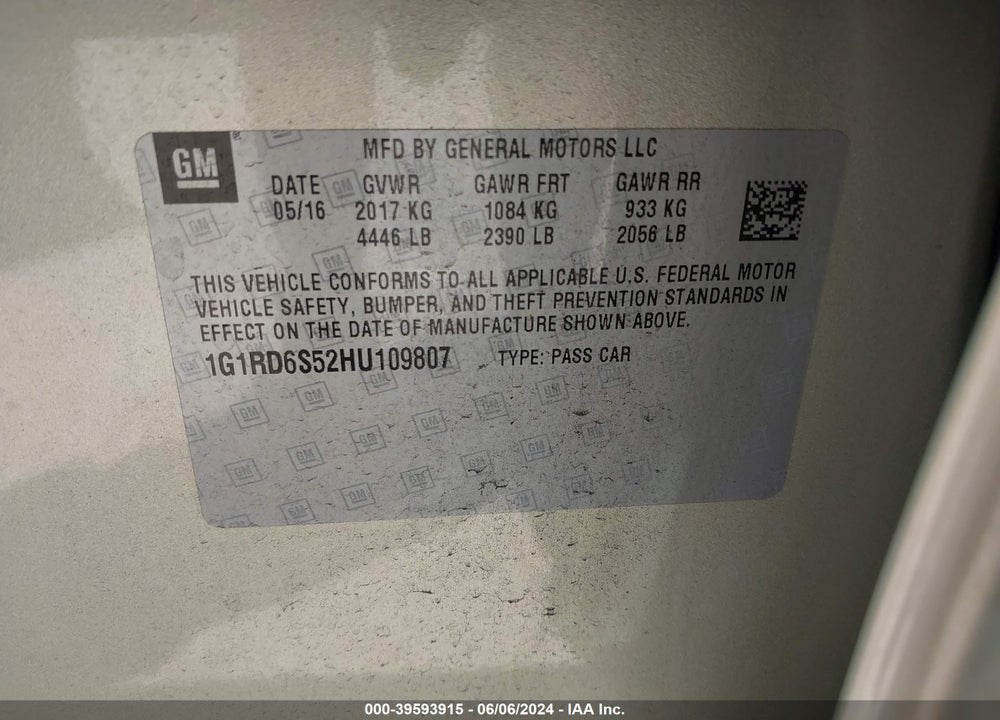 2017 CHEVROLET VOLT PREMIER VIN: 1G1RD6S52HU109807