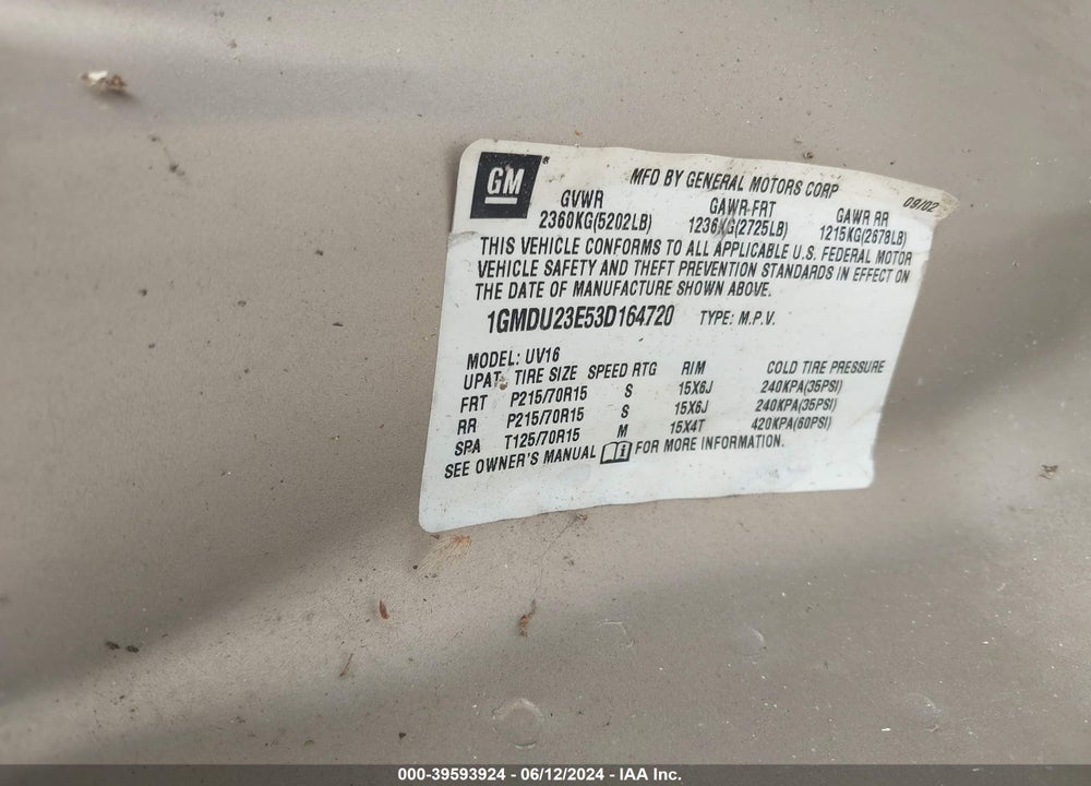 2003 PONTIAC MONTANA V16 VIN: 1GMDU23E53D164720