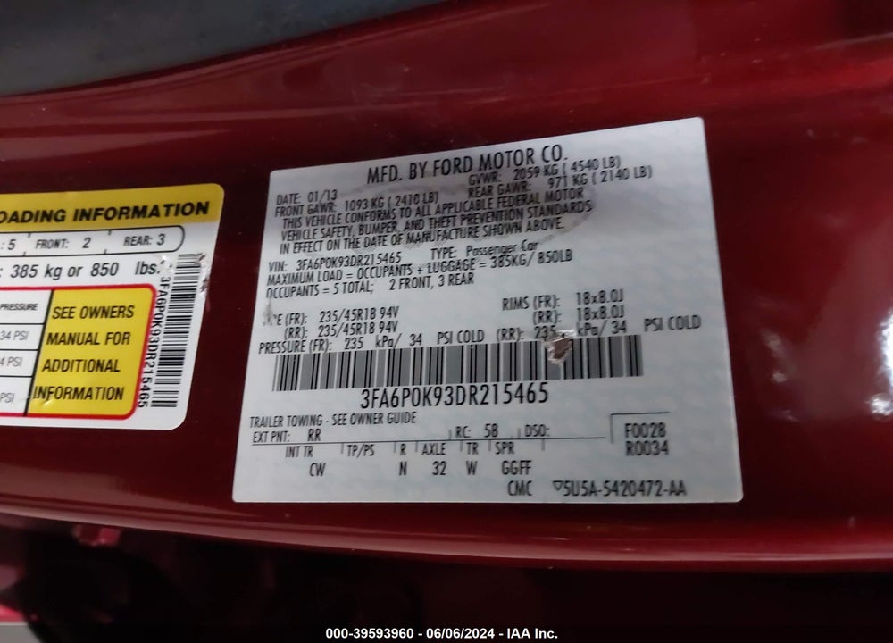 2013 FORD FUSION VIN: 3FA6P0K93DR215465