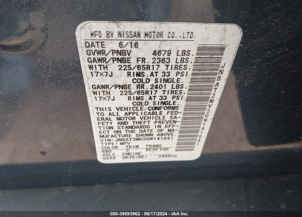 2016 NISSAN ROGUE S VIN: JN8AT2MV2GW141841