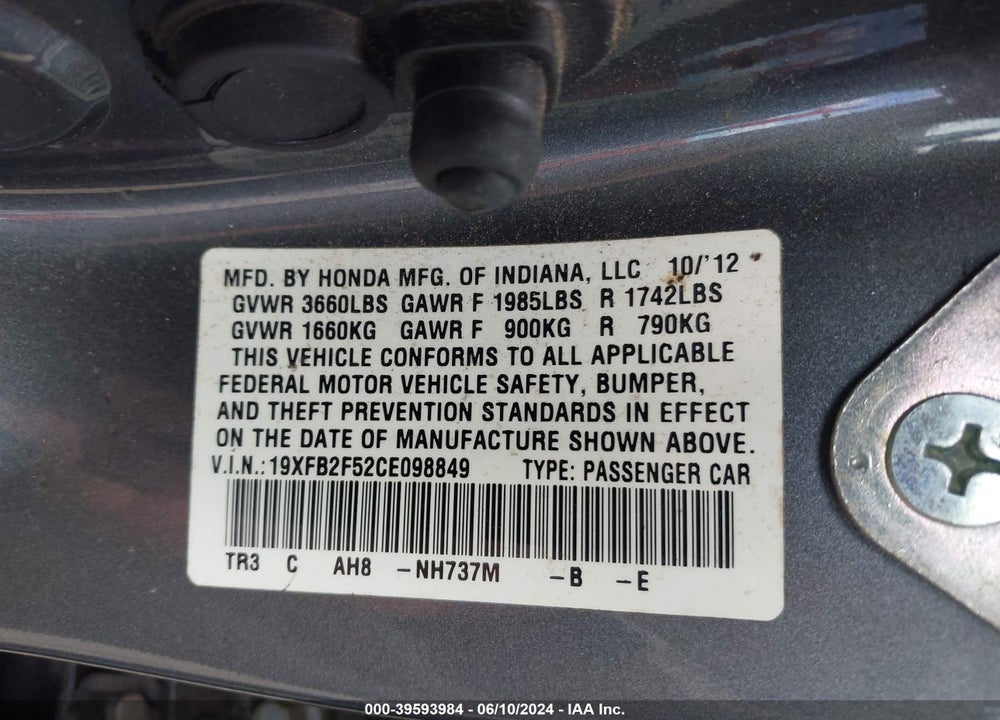 2012 HONDA CIVIC LX VIN: 19XFB2F52CE098849