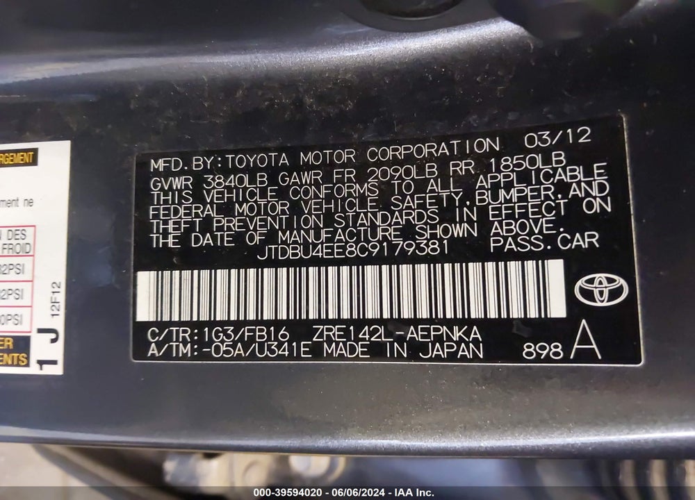 2012 TOYOTA COROLLA LE VIN: JTDBU4EE8C9179381
