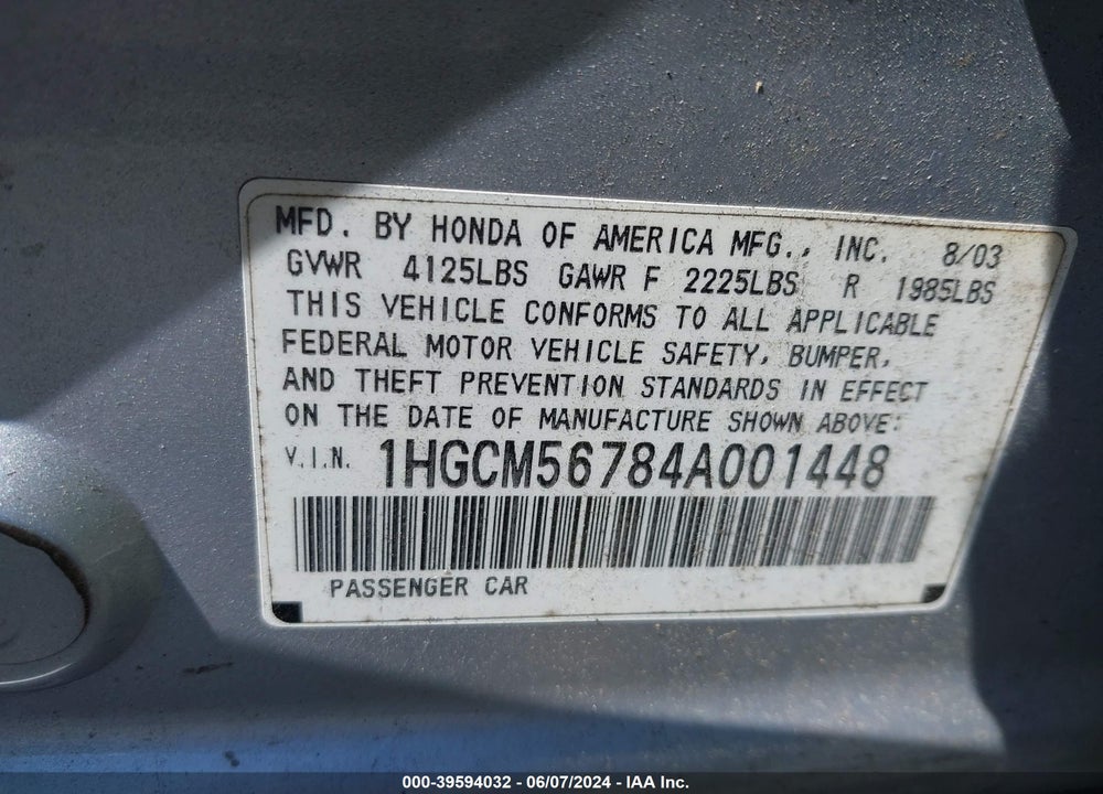 2004 HONDA ACCORD 2.4 EX VIN: 1HGCM56784A001448