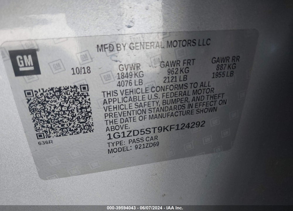 2019 CHEVROLET MALIBU LT VIN: 1G1ZD5ST9KF124292