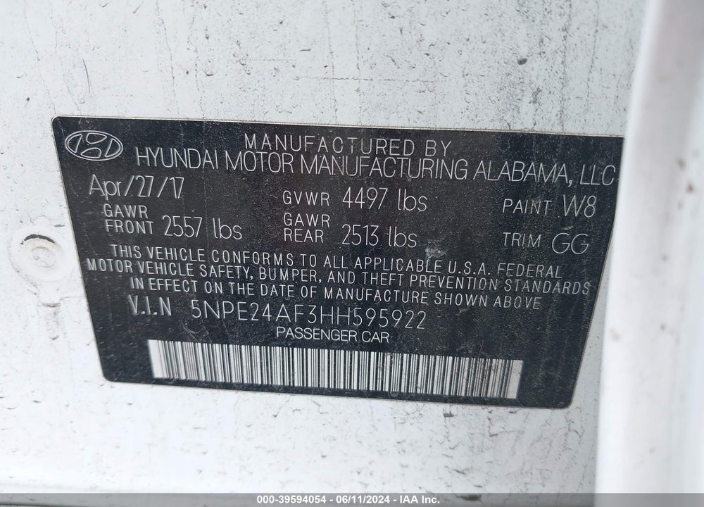 2017 HYUNDAI SONATA VIN: 5NPE24AF3HH595922