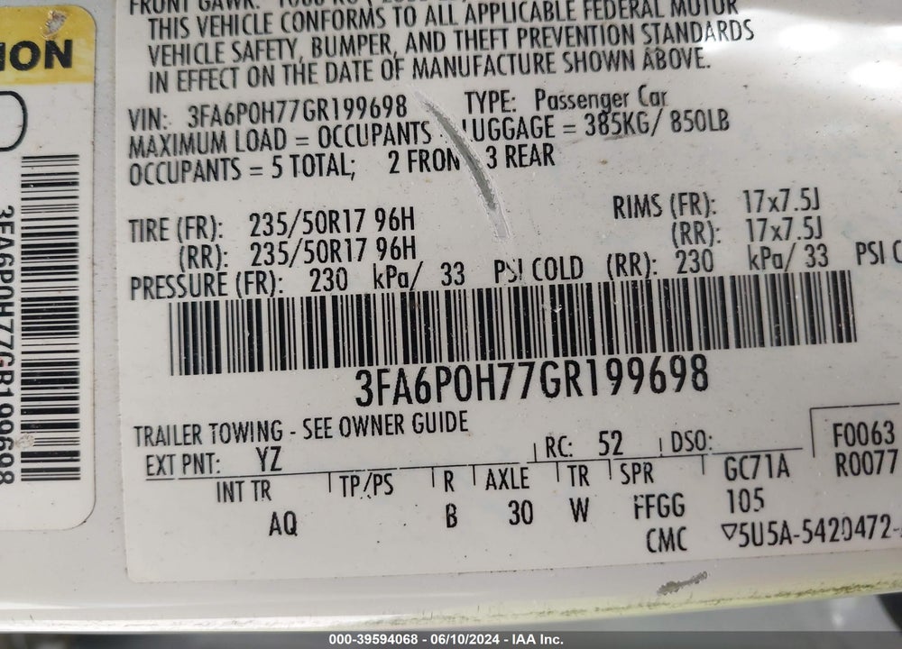 2016 FORD FUSION SE VIN: 3FA6P0H77GR199698