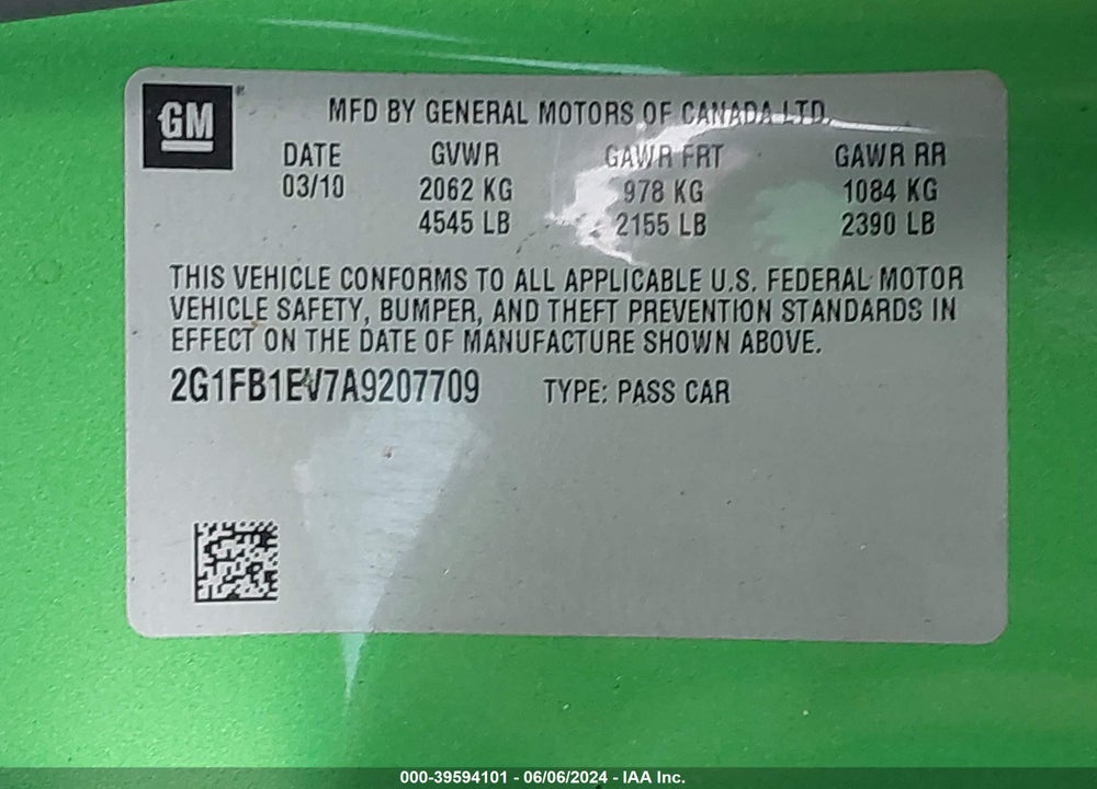 2010 CHEVROLET CAMARO VIN: 2G1FB1EV7A9207709