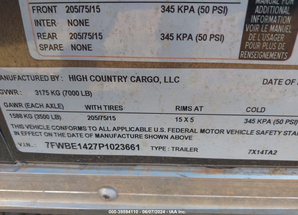 2023 HIGH COUNTRY CARGO, ENCLOSED CARGO TRAIL VIN: 7FWBE1427P1023661